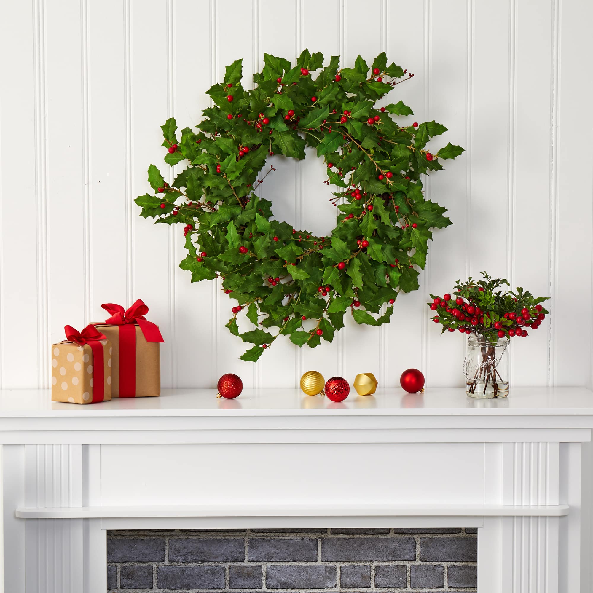 28" Green Holly & Berry Wreath